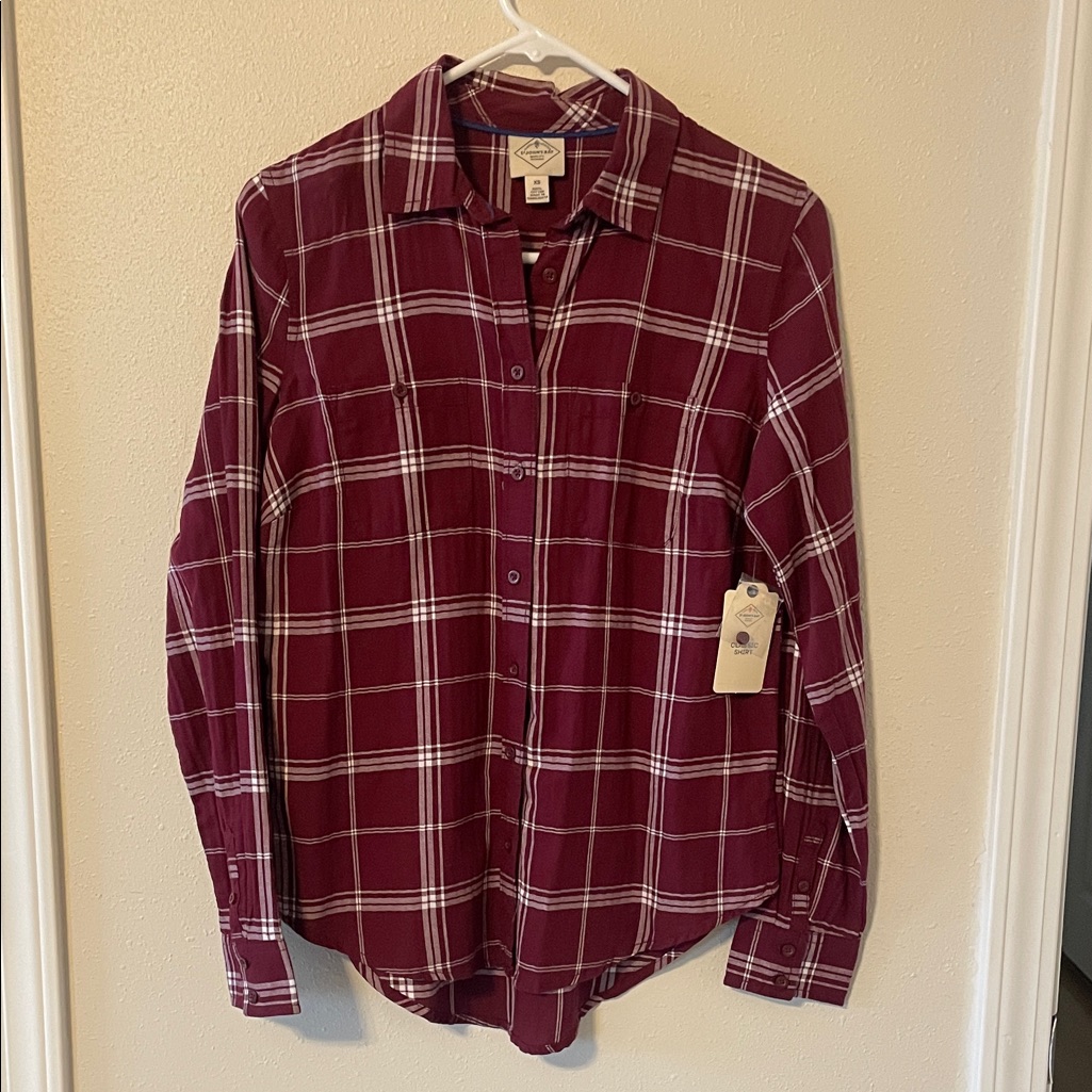 New Womenâs Xs St Johnâs Bay Maroon Checkered Plaid Button Down Shirt